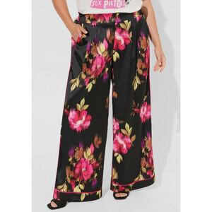 Torrid Pant Wide Leg Satin High Rise Black & Bright Pink Floral Sz 1 Regular NWT